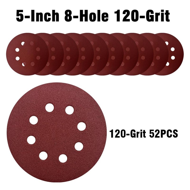 OUKEYA 52 Pack 5 Inch 8-Hole Hook and Loop Sanding Discs Sandpaper Red Round 120 Grit Sandpaper for Random Orbital Sander - Image 4